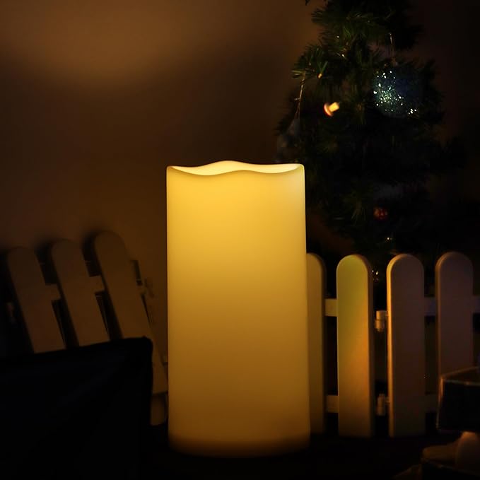 CANDLE CHOICE Extra Large Waterproof Outdoor Flameless Candle 6”(D) x12”(H) Big Tall Battery Operated Pillar with 6-Hour Auto Timer Ivory Plastic Realistic Flickering LED Light for Garden Decorations