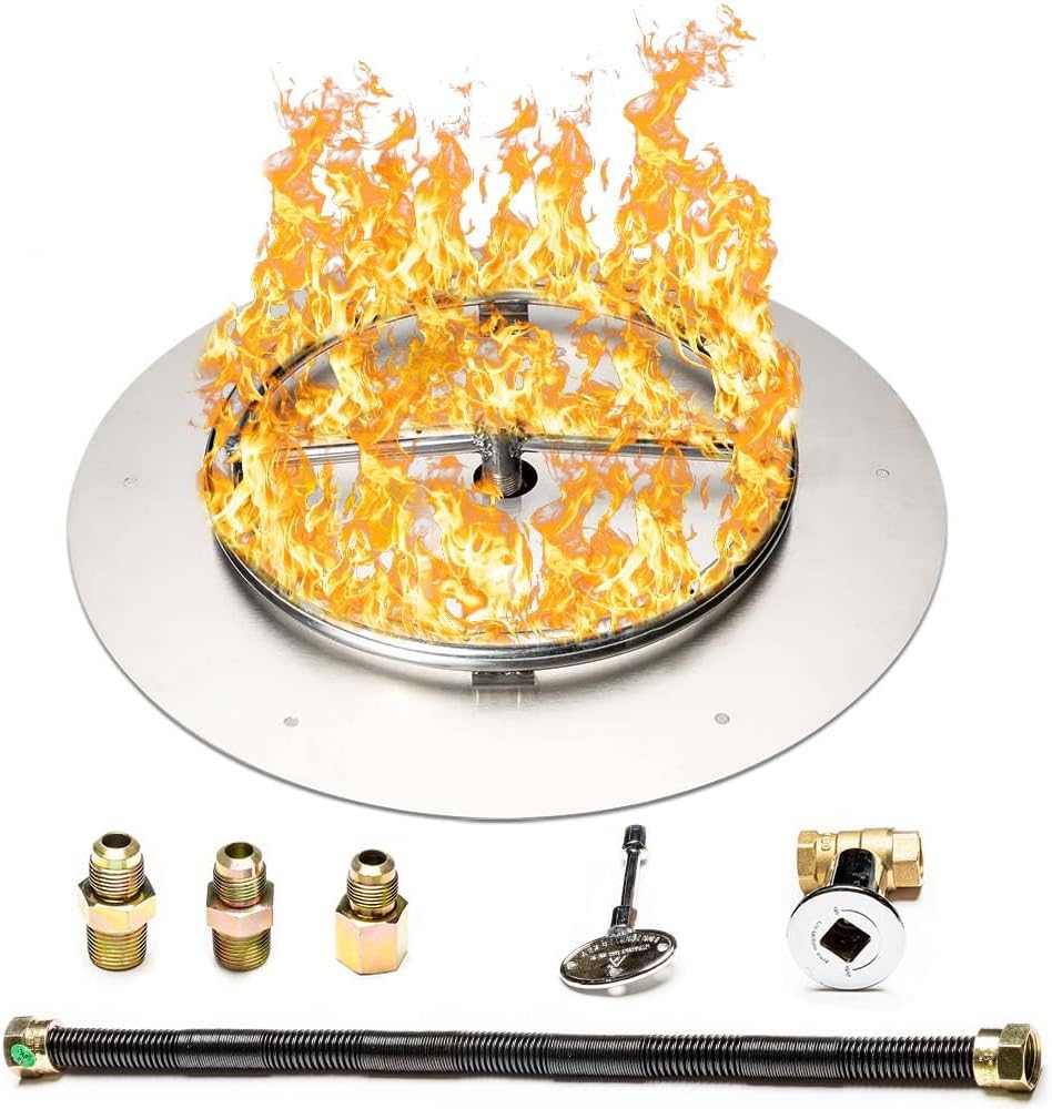 Fire Pit Burner Pan & Ring - Works with Natural Gas - Stainless Steel Fire Pit Burner Kit 18-Inch Pan, 12-Inch Ring - 90,000 BTU Max