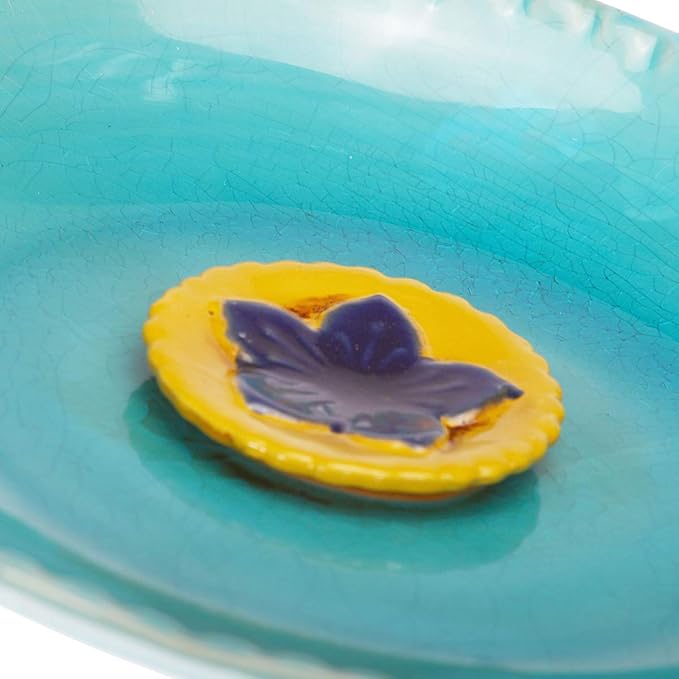 Topadorn Birdbath Ceramic Bowl Decor for Bee Bird Bath Outdoor Garden Vintage Yard,Blue with Yellow Flower