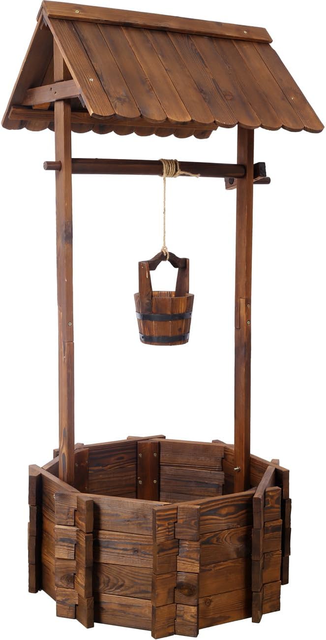 ZeHuoGe Rustic Wooden Wishing Well Planter Outdoor Home Décor for Patio, Garden, Yard w/Hanging Bucket (25 Inch)