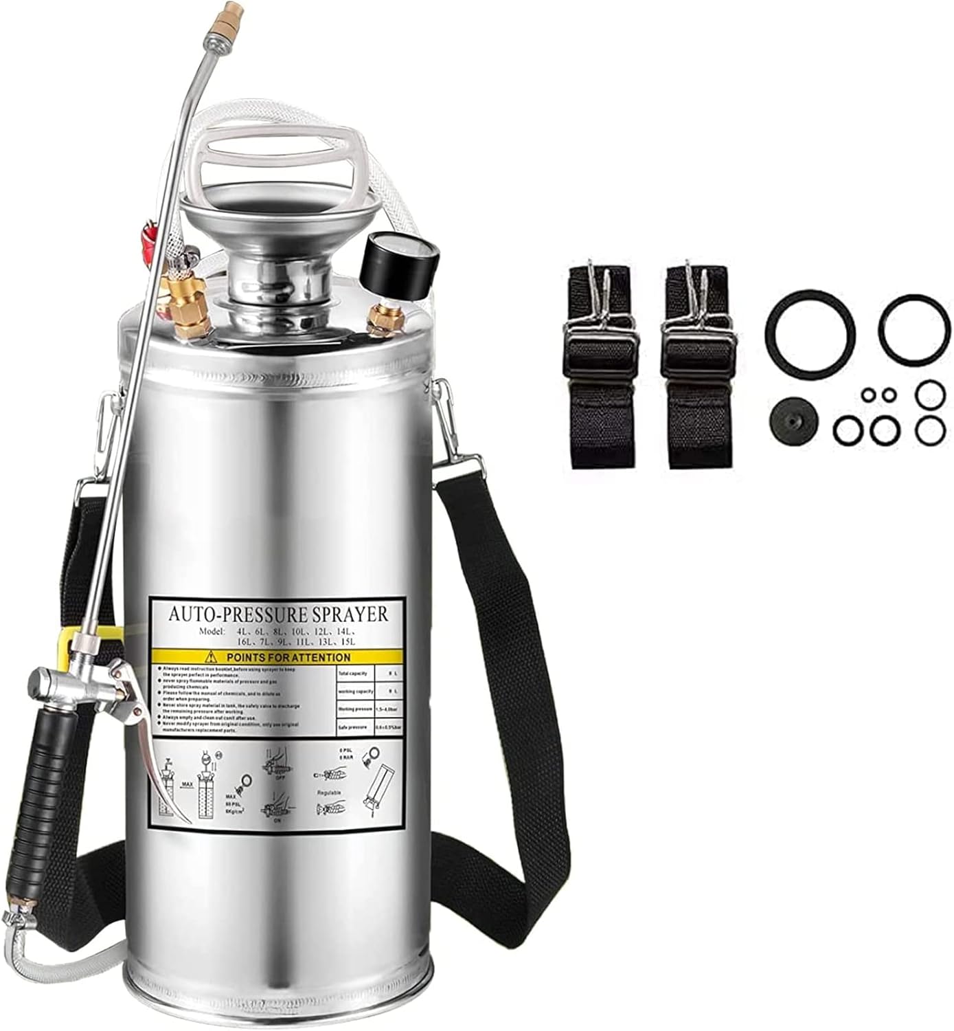 1.5Gal Stainless Steel Pump Up Sprayer Reinforced Hose, Hand Pump Sprayer with Pressure Gauge&Safety Valve, Adjustable Nozzle Suitable for Gardening (1.5 Gallon)