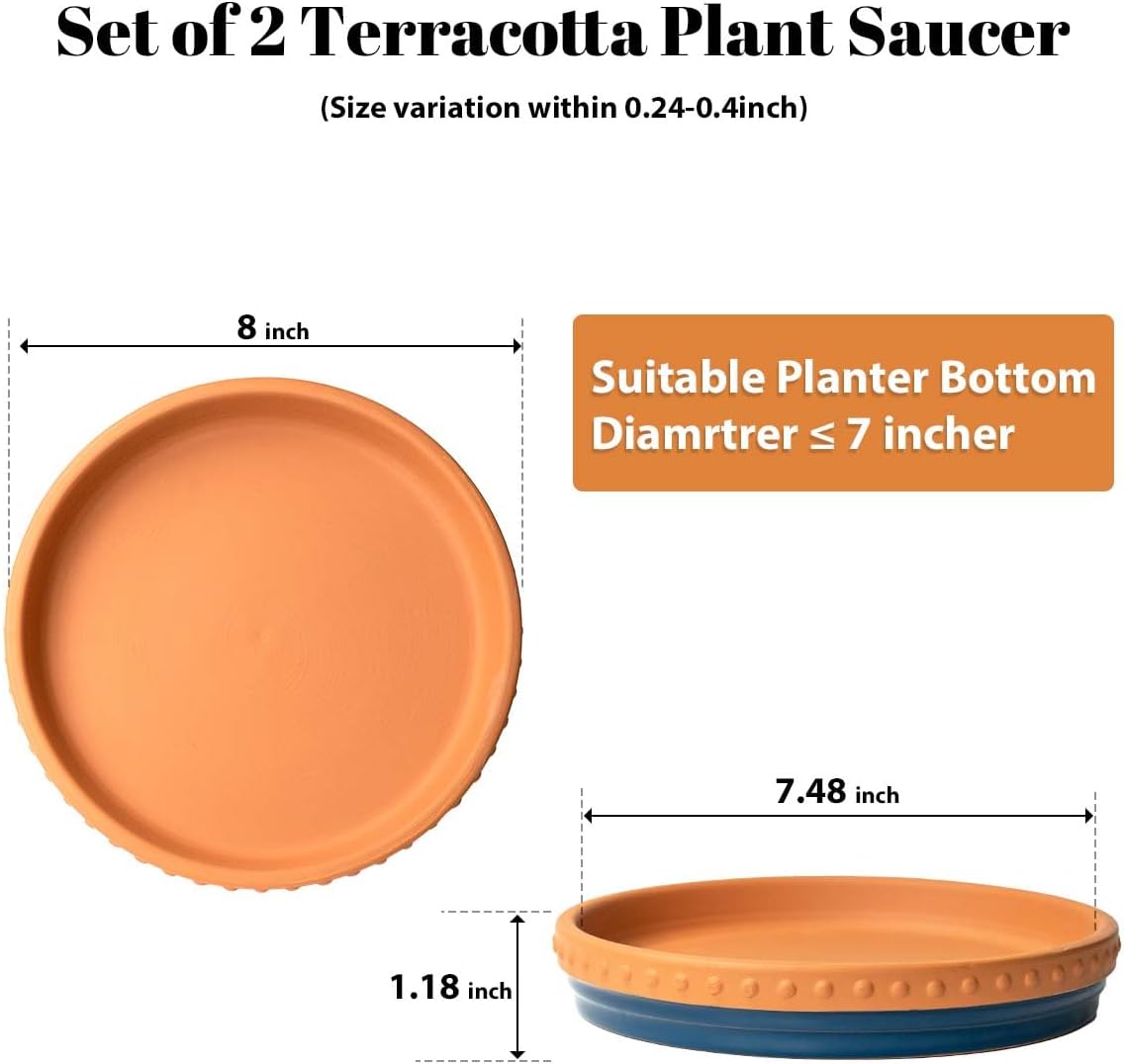YBX 8-inch Plant Saucer Premium Terracotta Saucer Round Ceramic Plant Trays, Pack of 2 (Navy/Terracotta)