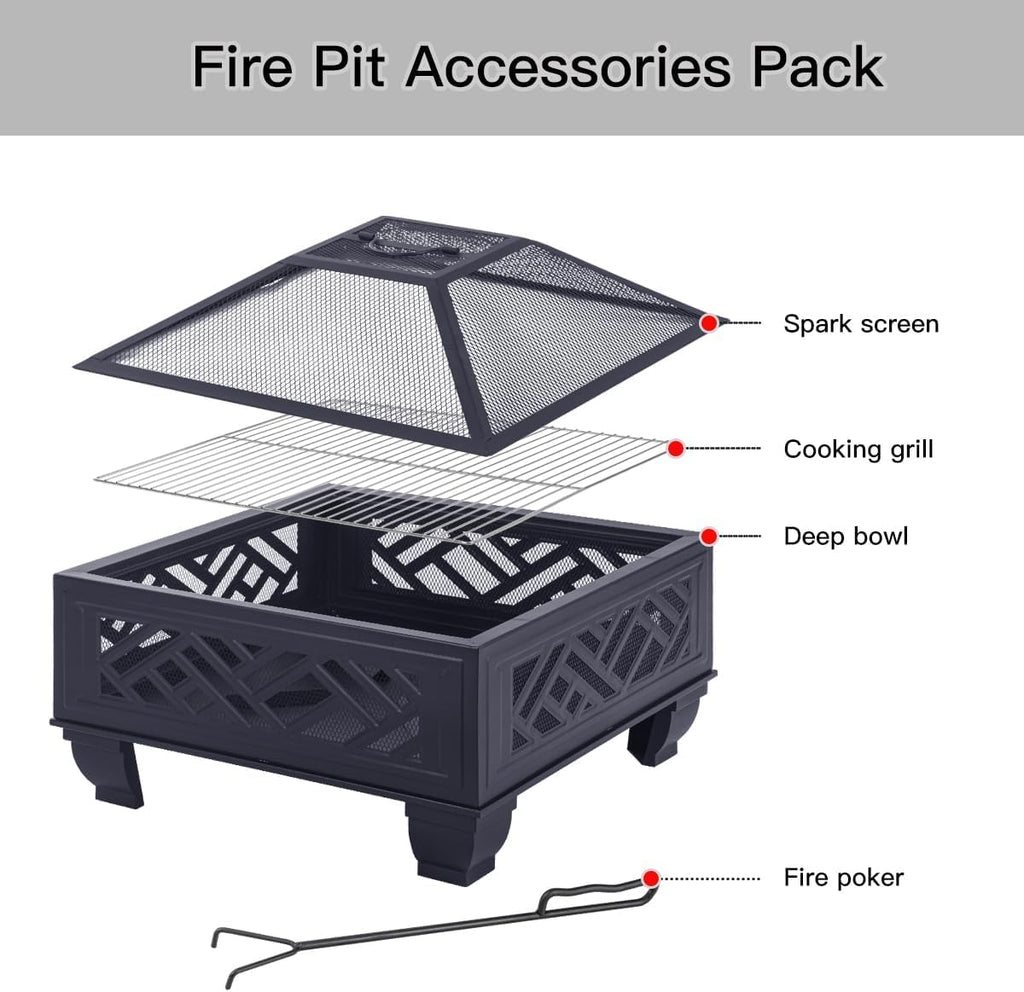 Breezz Update Version 26 Inch Wood Burning Fire Pit with Cooking Grill and Spark Screen, Outdoor Metal Firepit for Patio, Backyard, Bonfire Party, Camping and Garden