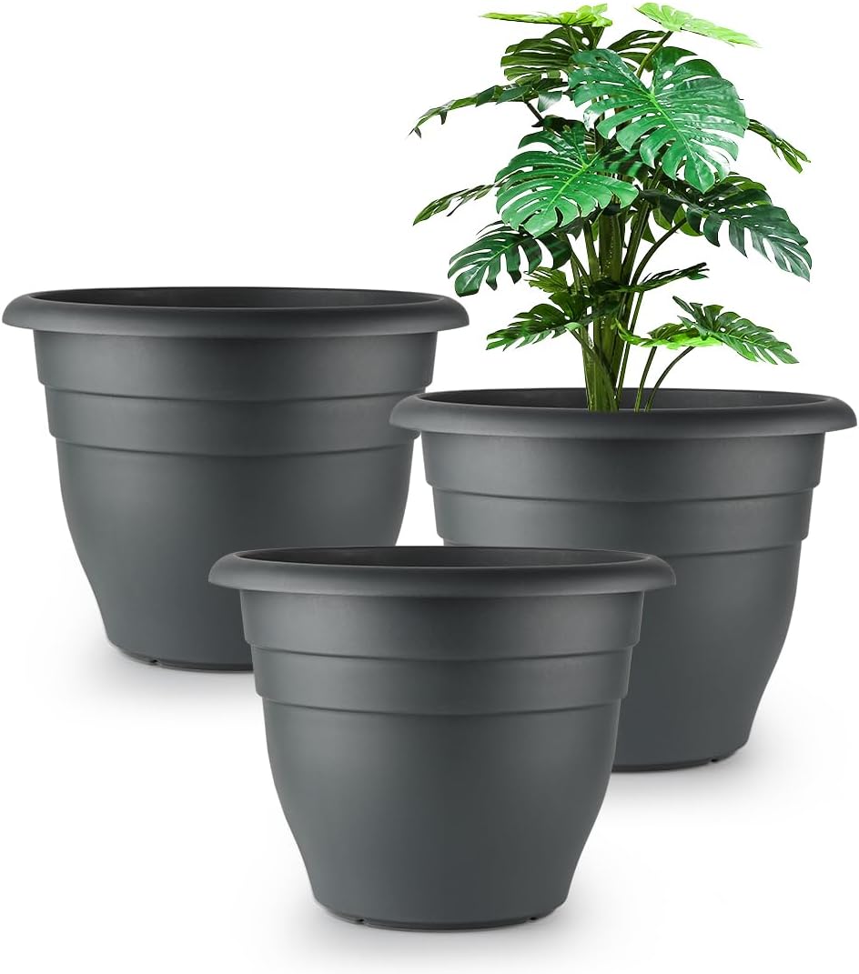 12 Inch Plant Pots, Large Planters for Outdoor Plants, Plastic Flower Pots - Durable and Lightweight with Drainage Holes (3 Packs, Gray)