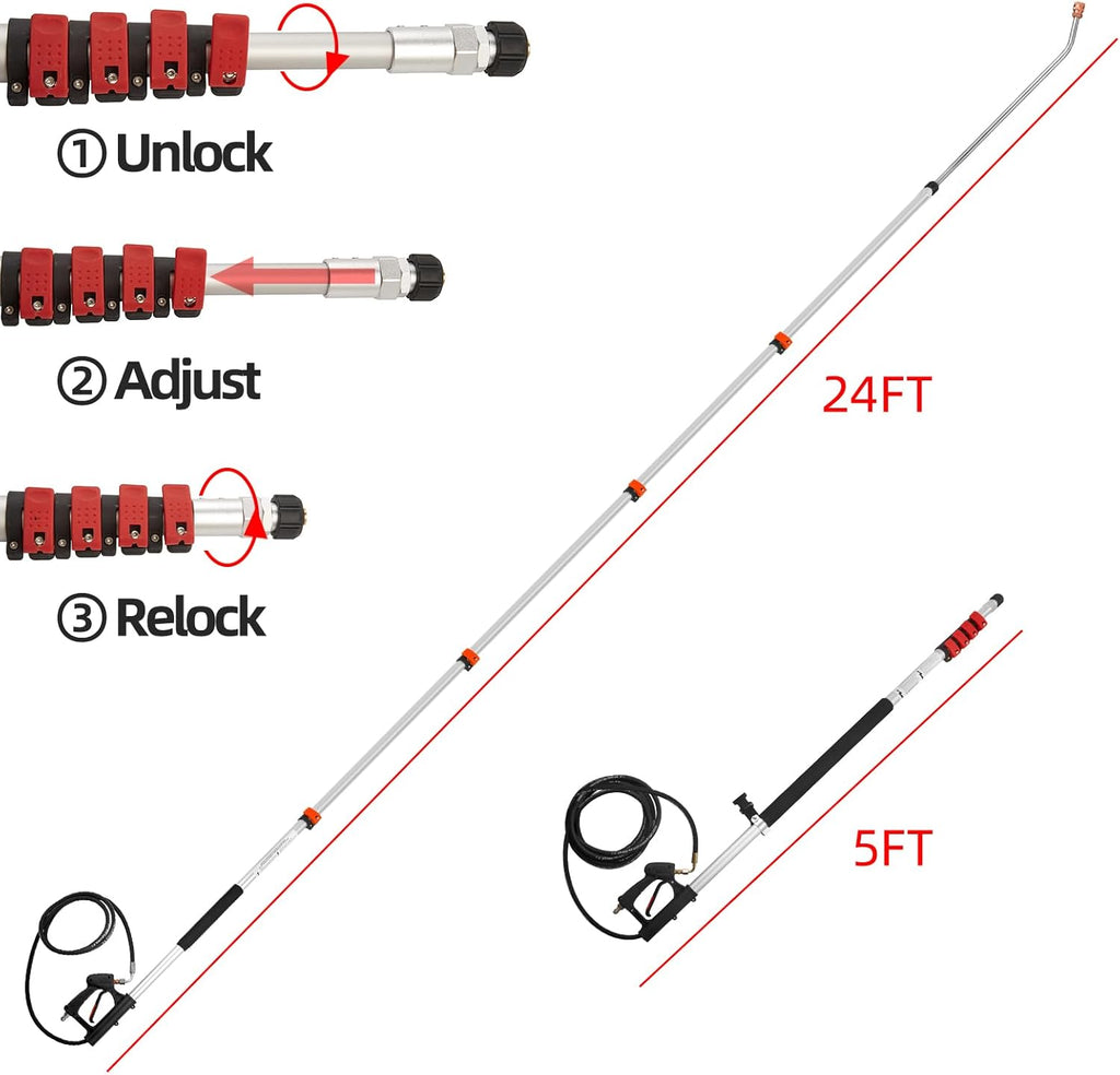 Tecoloy 24 FT Telescoping Pressure Washer Wand with Power Washer Extension Wand, Support Belt, Gutter Cleaner Attachment, 5 Spray Nozzle Tips and 2 Hose Inlet Adapters
