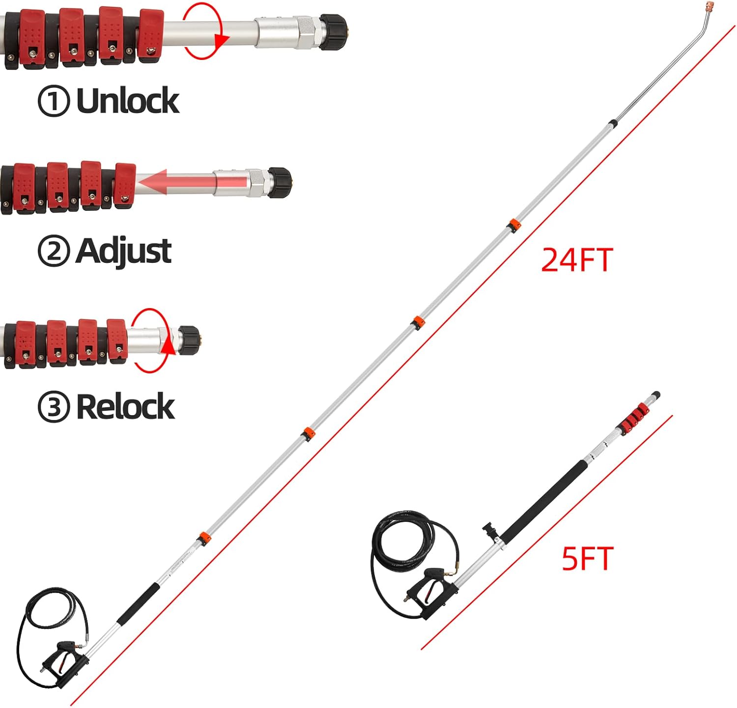 Tecoloy 24 FT Telescoping Pressure Washer Wand with Power Washer Extension Wand, Support Belt, Gutter Cleaner Attachment, 5 Spray Nozzle Tips and 2 Hose Inlet Adapters