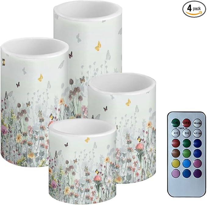 Flameless LED Candles Electric Candle Set with Remote Timer Color Changing Control Long Lasting for Table Centerpiece Home Indoor Wedding Decoration Set of 4, Flower Butterfly Grey