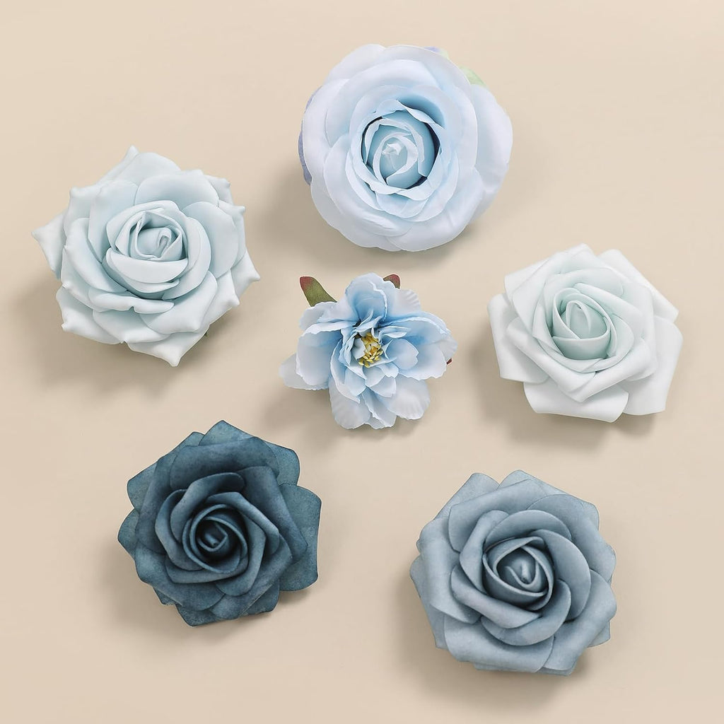 Blue Artificial Flowers Silk Fake Roses Peonies Greenery Combo Box Set for DIY Wedding Bouquets Bridal Shower Centerpieces Floral Arrangements Party Tables Home Decoration