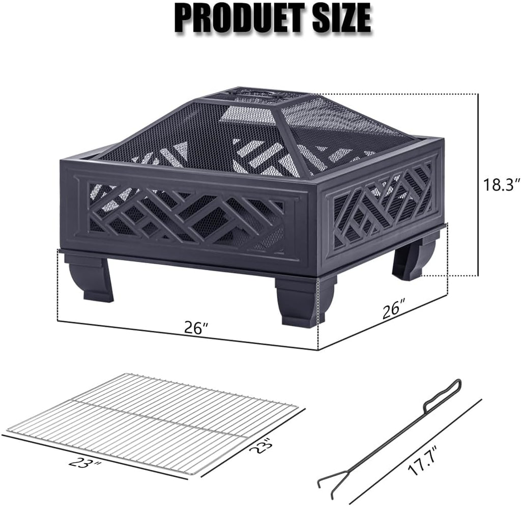Breezz Update Version 26 Inch Wood Burning Fire Pit with Cooking Grill and Spark Screen, Outdoor Metal Firepit for Patio, Backyard, Bonfire Party, Camping and Garden
