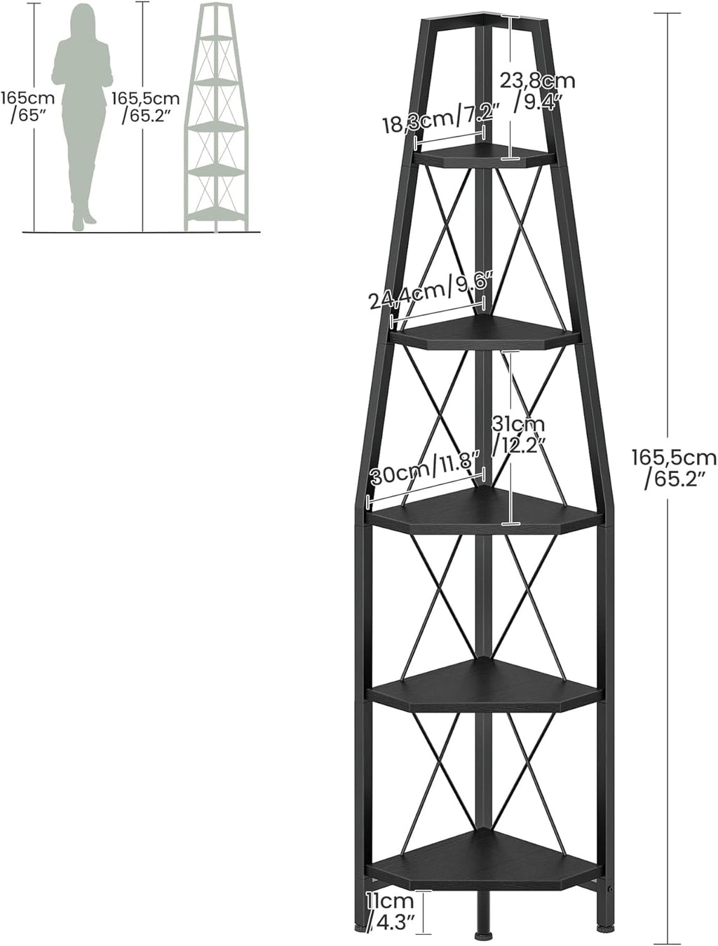 5-Tier Corner Shelf, Corner Bookshelf, Ladder Shelf, Floor Standing Storage Rack, Open Display Stand, Plant Stand, for Living Room, Bedroom, Study, Bathroom, Black TCJ22BB