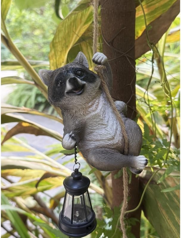 Raccoon Garden Decor Outdoor Statues Resin Climbing Twine with LED Light Waterproof Hanging Animal Figurine for Garden Wall Balcony Tree Decoration Gift