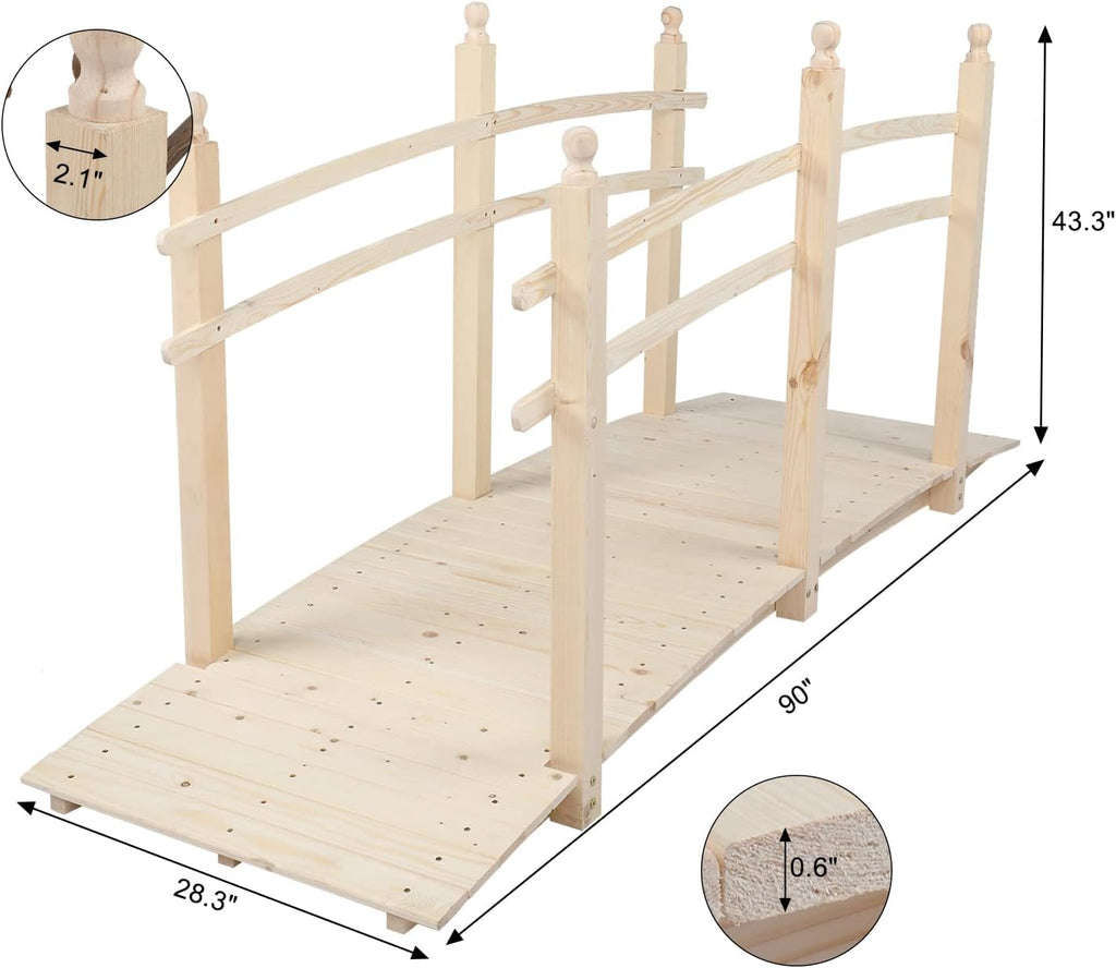 VINGLI 7.5 ft Garden Bridge, Arch Walkway Wooden Bridge with Safety Rails Natural Finished, Decorative Landscaping Footbridge for Koi Pond, Dry Creek Bed, Garden Pathway or Japanese Zen Decor