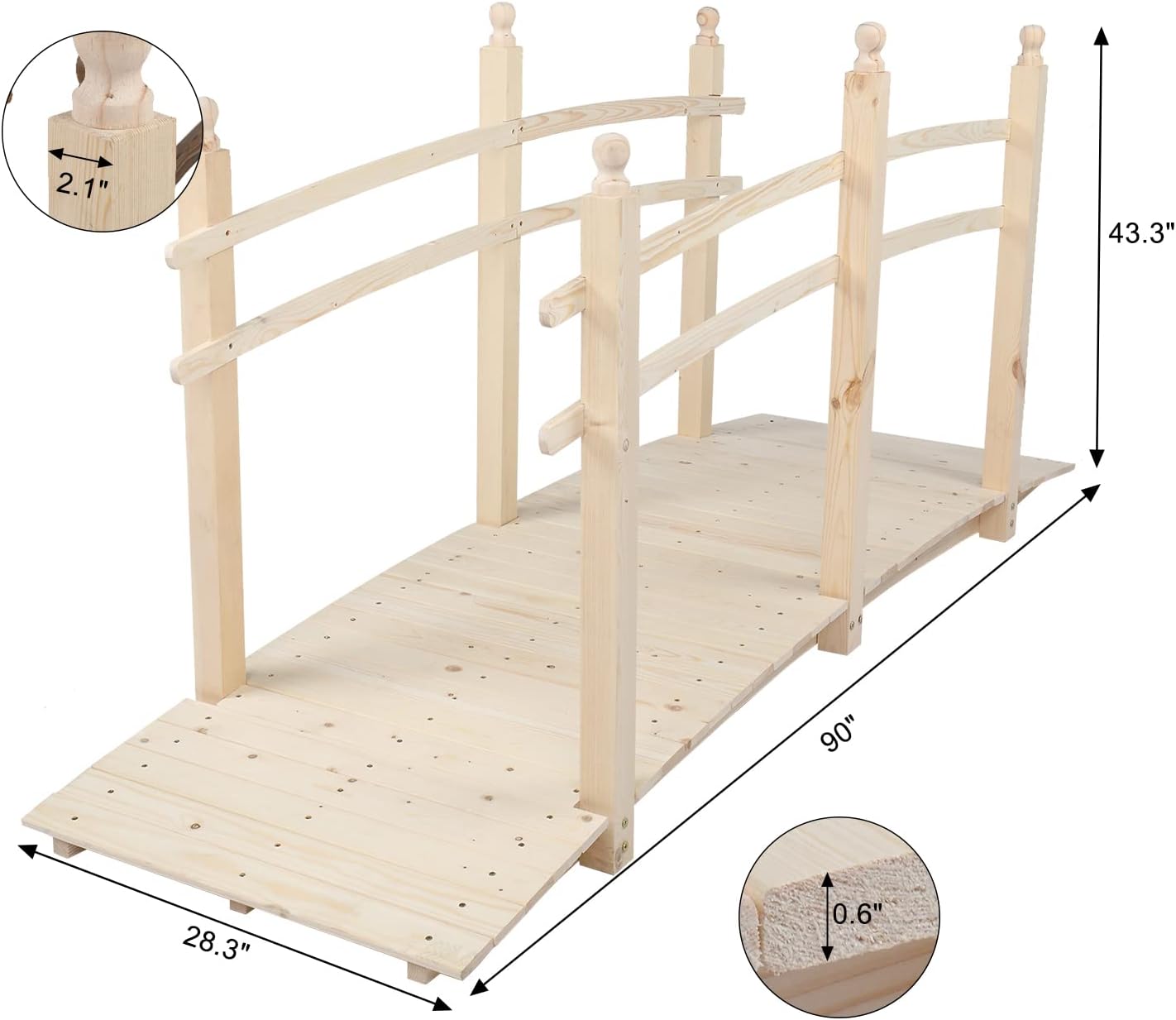 VINGLI 7.5 ft Garden Bridge, Arch Walkway Wooden Bridge with Safety Rails Natural Finished, Decorative Landscaping Footbridge for Koi Pond, Dry Creek Bed, Garden Pathway or Japanese Zen Decor