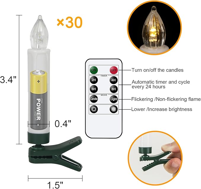 DRomance Christmas Tree Flameless Taper Candle Lights Battery Operated with 10-Key Remote and Timer, 30 Pack Plastic 3D Wick Flickering LED Taper Candles Multi-Using Home Garden Holiday Decor 3.4"