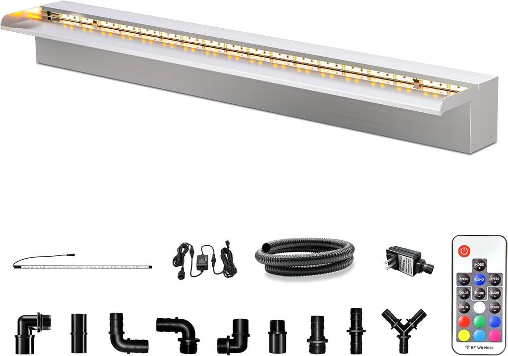 LONGRUN Waterfall Pool Fountain, Updated 5.9'' Wider Open Lip Stainless Steel Waterfall Spillway, Decorative Water Feature for Swimming Pools, Koi Ponds, Spa & Garden - 35.4''