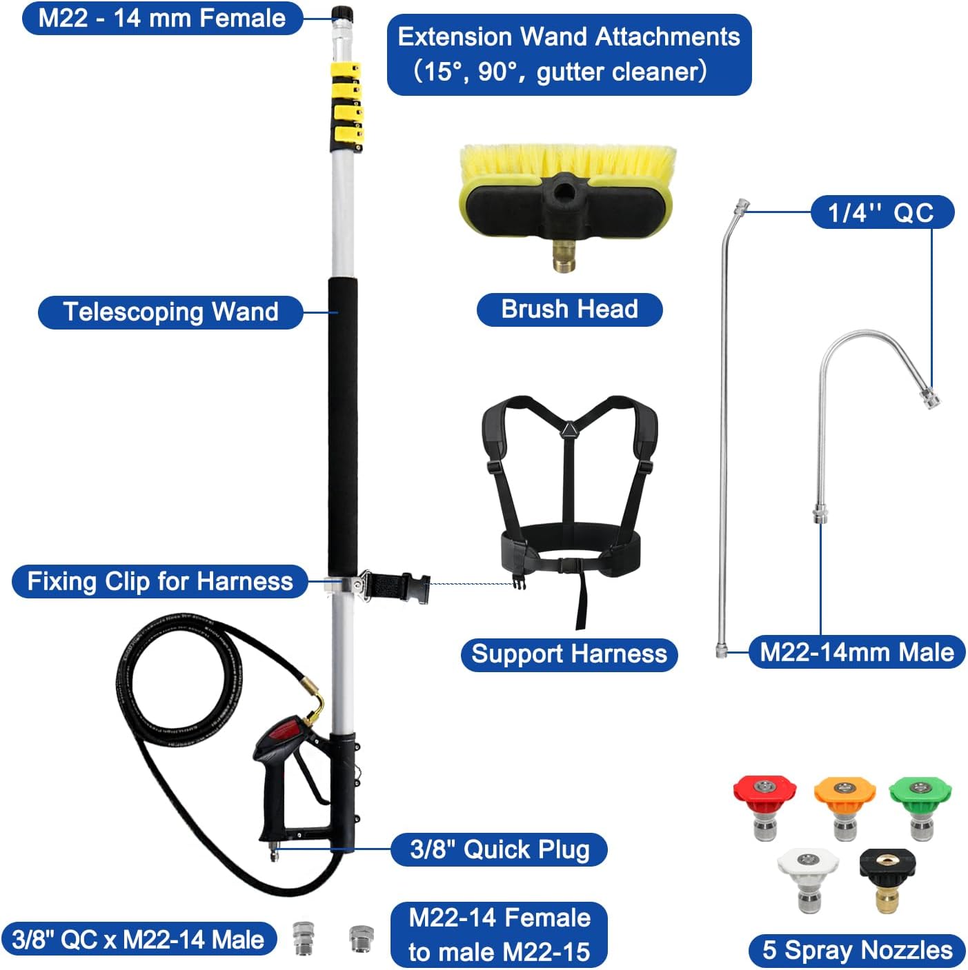 RAYNEL 24FT Telescoping Pressure Washer Extension Wand with Brush Head,Power Washer Extension Wand,Gutter Cleaner Attachment,5 Spray Nozzle Tips,Support Belt and 2 Hose Adapters