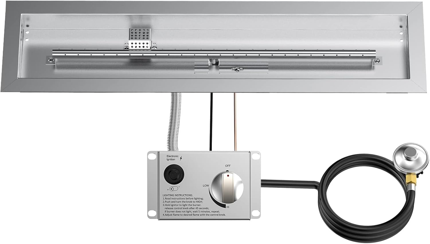 Skyflame 30" Linear Stainless Steel Fire Pit Drop-in Burner Kit with Flame Sensing, Electronic Spark Ignition, CSA Certified, and Propane Regulator Hose Set