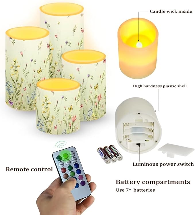 LED Flickering Candles Battery Operated Candles Set of 4 with Remote Control Timer Dancing Flame Pillar Candles Home Table Decoration, Floral Green