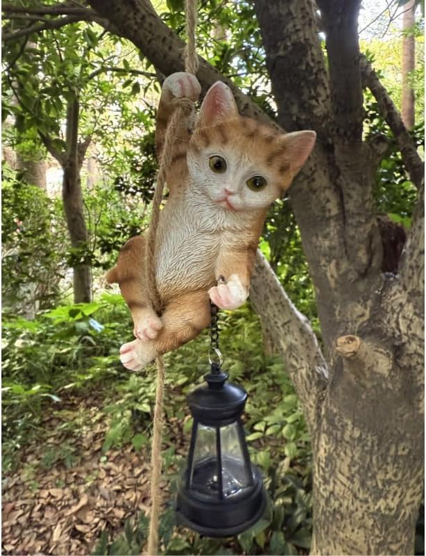 Cat Garden Decor Outdoor Statues Resin Climbing Twine with LED Light Waterproof Hanging Animal Figurine for Garden Wall Balcony Tree Decoration Gift