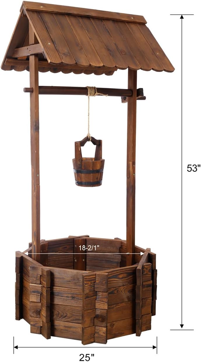 ZeHuoGe Rustic Wooden Wishing Well Planter Outdoor Home Décor for Patio, Garden, Yard w/Hanging Bucket (25 Inch)