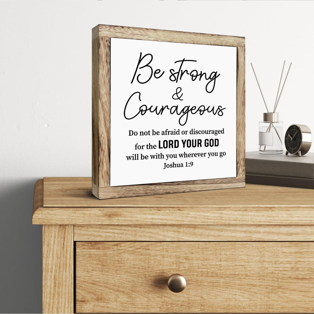 Scripture Be Strong and Courageous Wooden Plaque Box Sign, Inspirational Wood Art, Christian Home Decor for Living Room, Motivational Desk Gift