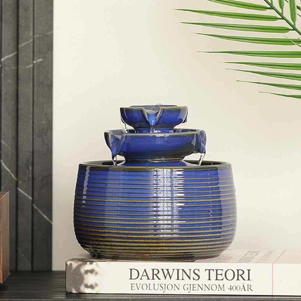 Outdoor and Indoor Water Feature Fountain Waterfall Tabletop Desktop mini Ceramic Garden Fountain (Blue A171)