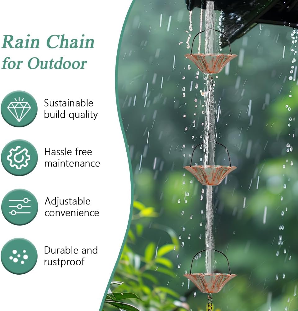 10 FT Lotus Rain Chain, Rain Chains for Gutters with 12 Bronze Cups, Adjustable Rain Catcher Chain with Bell for Eaves Drainage, Replacement for Downspout