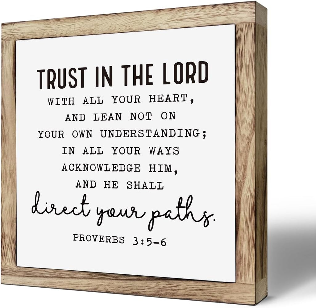 Christian Wooden Plaques Box Signs 9.8 * 9.8, Scripture Desk Decor, Farmhouse Living Room Decor, Proverbs 3:5-6 Trust In the Lord Sign