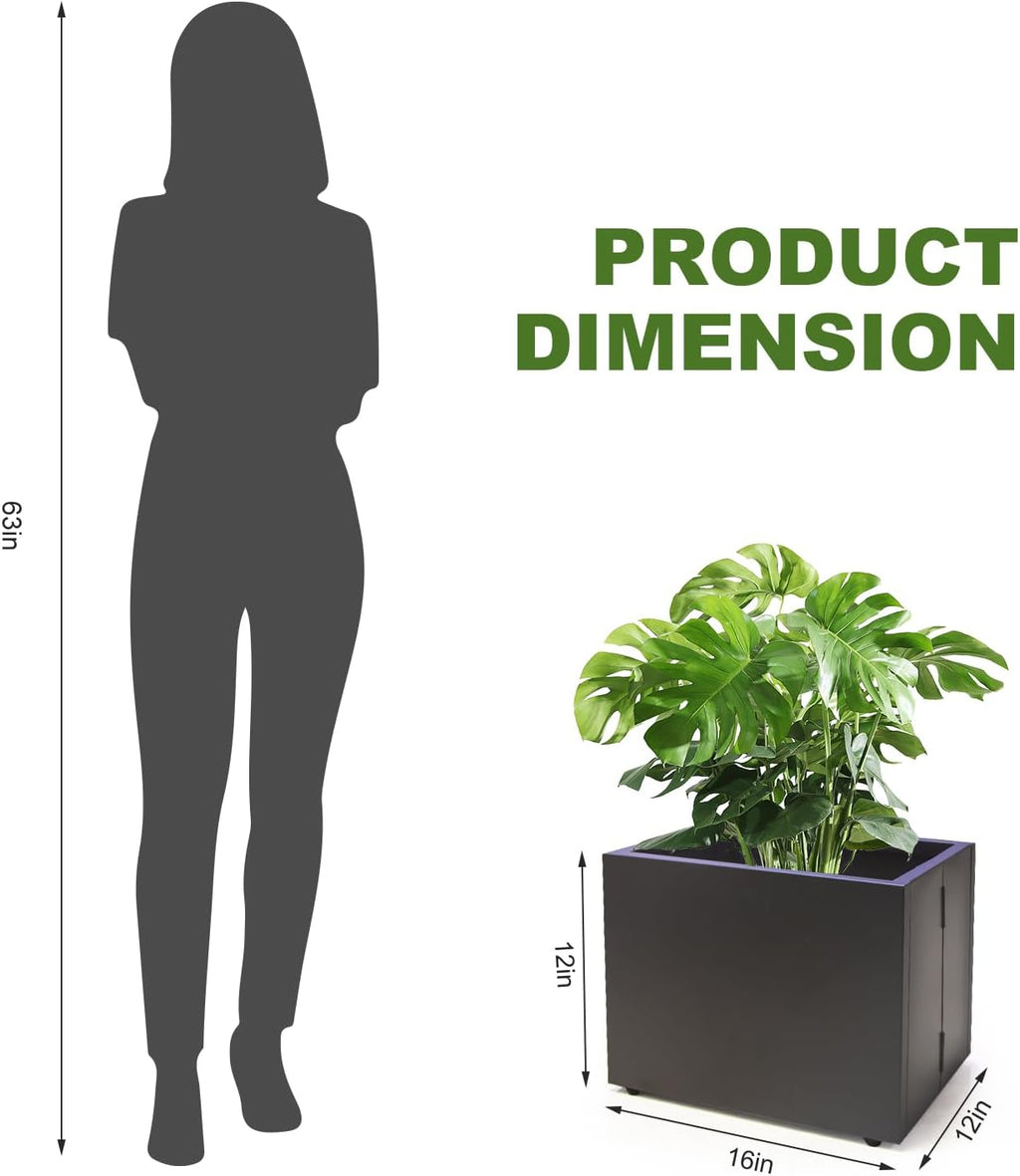 Metal Planter Box Rectangular Block-No Installation Required Galvanized Steel Long Box Planter Modern Outdoor Planters All-Weather Use with Drainage Holes for Patio/Porch,16 ×12×12IN