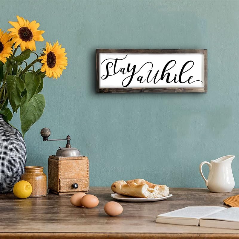 Dazingart Farmhouse Stay Awhile Wood Sign, Entryway Sign Farmhous Wall Decor, Rustic Wall Art For Housewarming Gift (Stay Awhile)
