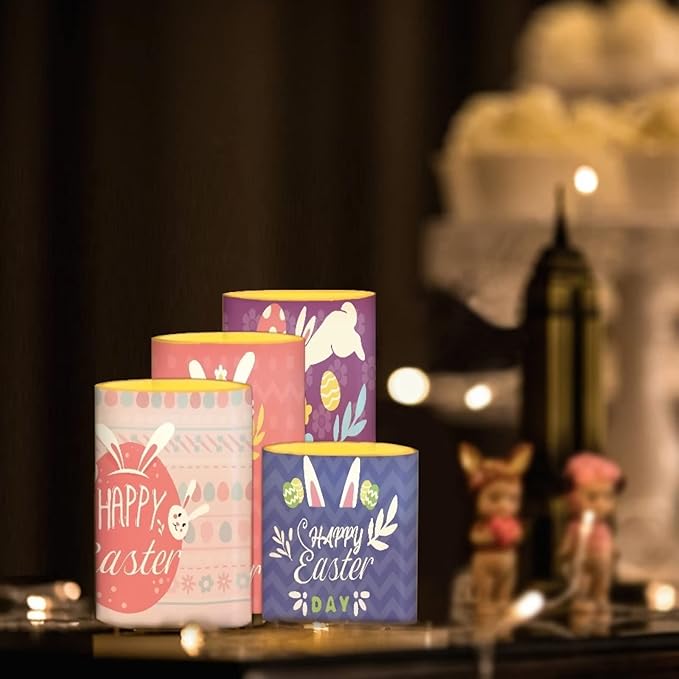 Happy Easter Flameless LED Battery Candles 4PCS Pillar Candles with 18-Key Timer Remote Color Changing Lights for Easter Party Day Celebration Decor, Cute Floral Bunny Rabbit