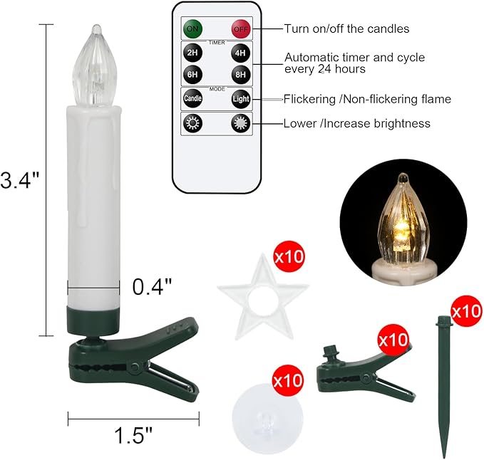 DRomance Christmas Tree Flameless Taper Candle Lights Battery Operated with 10-Key Remote and Timer, 10 Pack Plastic Flickering LED Taper Candles Multi-Using Home Garden Holiday Decor 3.4"