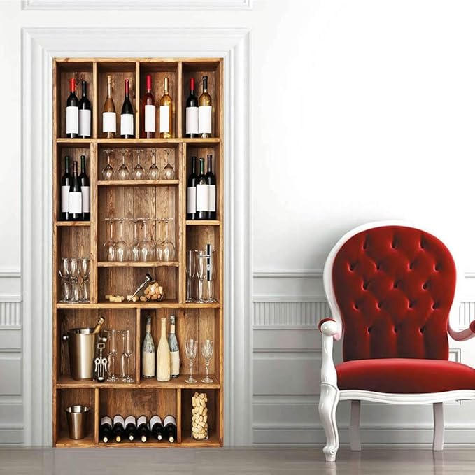 3D Peel and Stick Murals - Wine Cabinet Wallpaper - Removable PVC Waterproof Door Poster for Bedroom & Living Room - 34.6 x 78.7 inch