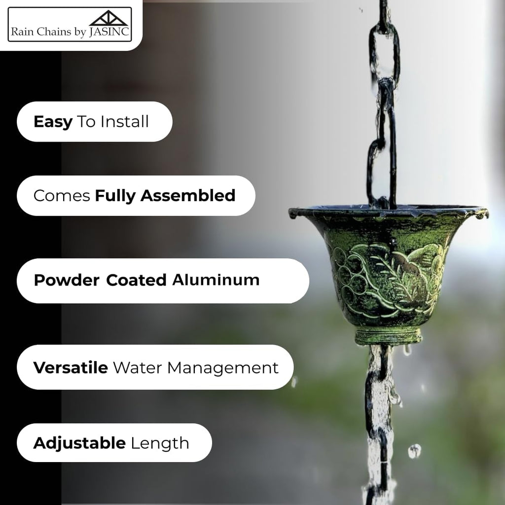 8.5 ft Grape Leaf Vineyard Cups Green Patina, to Replace Roof Gutter Downspout, with Installation Kit, Rainwater Catcher/Water Diverter, JAS8005GN