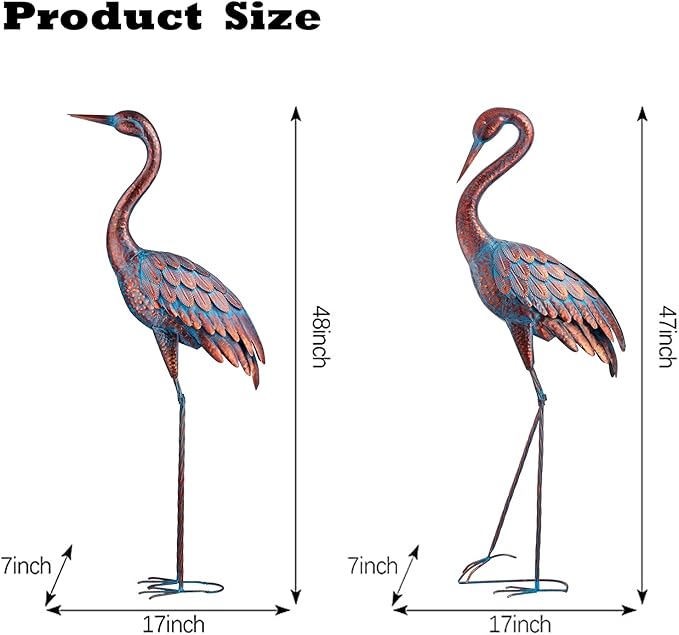 Kircust Garden Crane Statues Patina Heron Decoy, Standing Metal Crane Sculptures Bird Yard Art for Outdoor Decor, 47-48 Inch, Set of 2