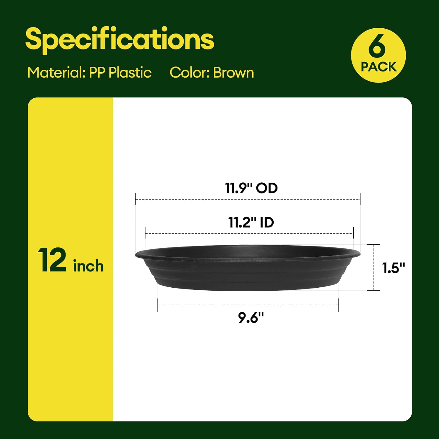 6 Pack Plant Saucer, 8 10 12 inch Plant Saucers for Indoor, Heavy Duty Plastic Plant Trays for pots, Grow Bags, Bird Baths, Flower Drip Trays for Indoor and Outdoor Uses (12", Black)
