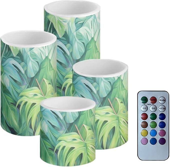 Flameless Light Candles Battery Operated Candles with Color Changing Timer Remote Control Fake Pillar Candles Tealights Home Indoor Desktop Decorations, Green Monstera Leaf