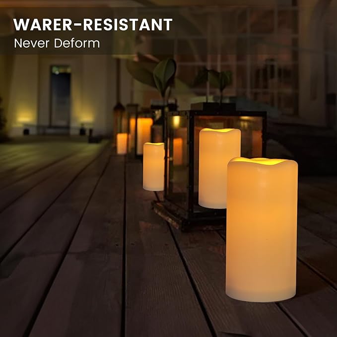 Flickering Flameless LED Candles with 10-Key Remote & Timer, Waterproof Outdoor Indoor f Battery Operated Candles for Home/Wedding/Festival Décor Set of 9 (D3 x H5.5) Ivory