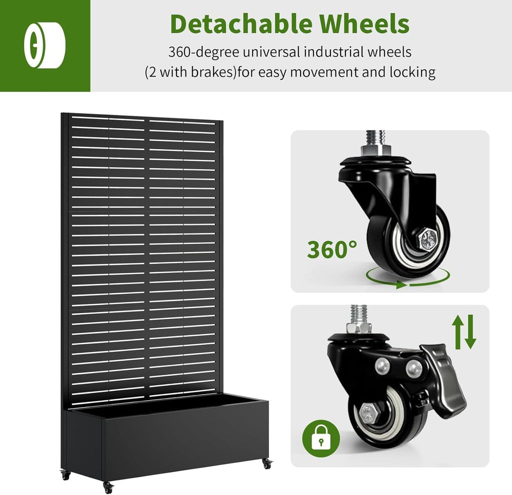 Metal Planter Box with Trellis and Wheels, 73"x35"x16" Galvanized Steel Raised Garden Bed with Drainage Holes and Privacy Screen Function for Climbing Plants, Vegetables, Flowers, and Vines–Black