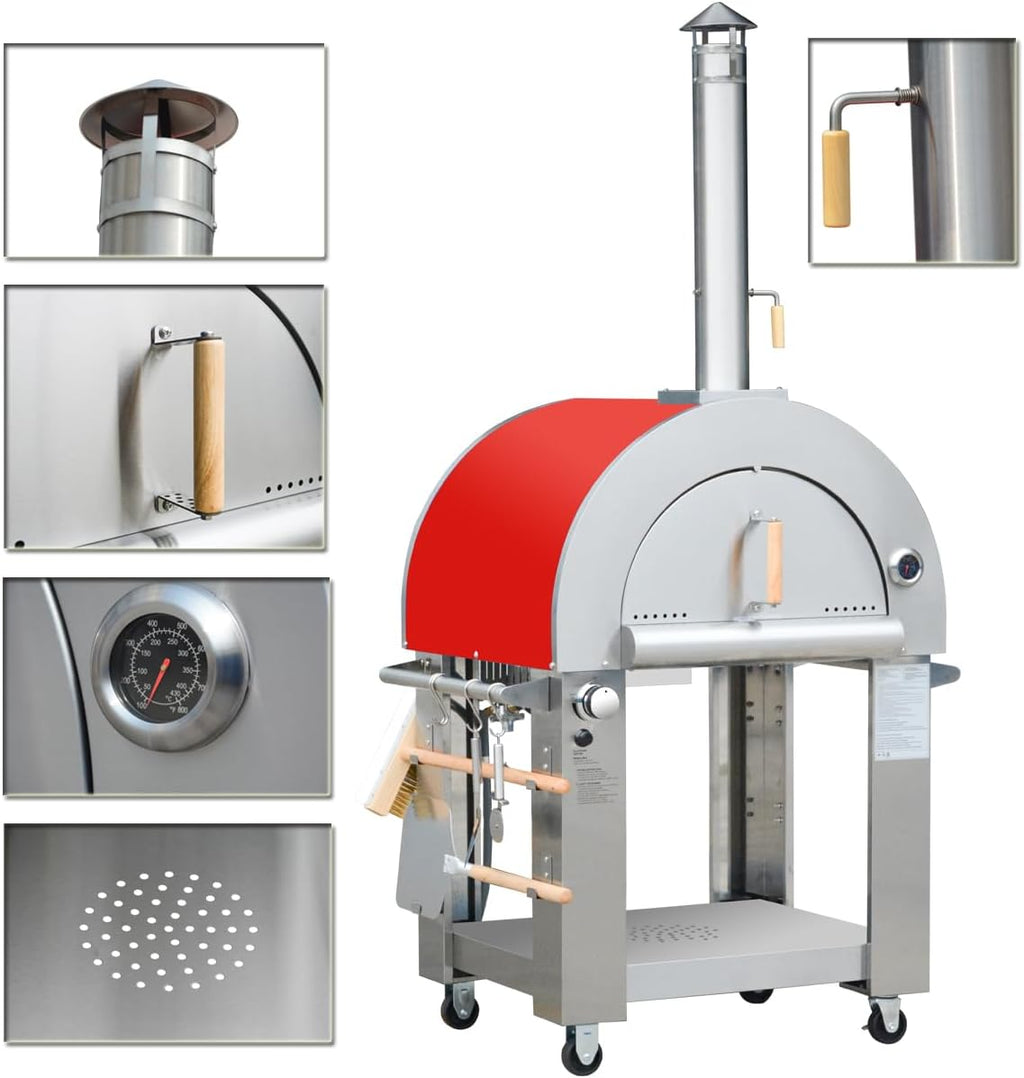 32.5 inch Propane Gas and Wood Fired Pizza Oven with Waterproof Cover, Large Stainless Steel Pizza Oven for Outdoor, Backyard and Party (Red)