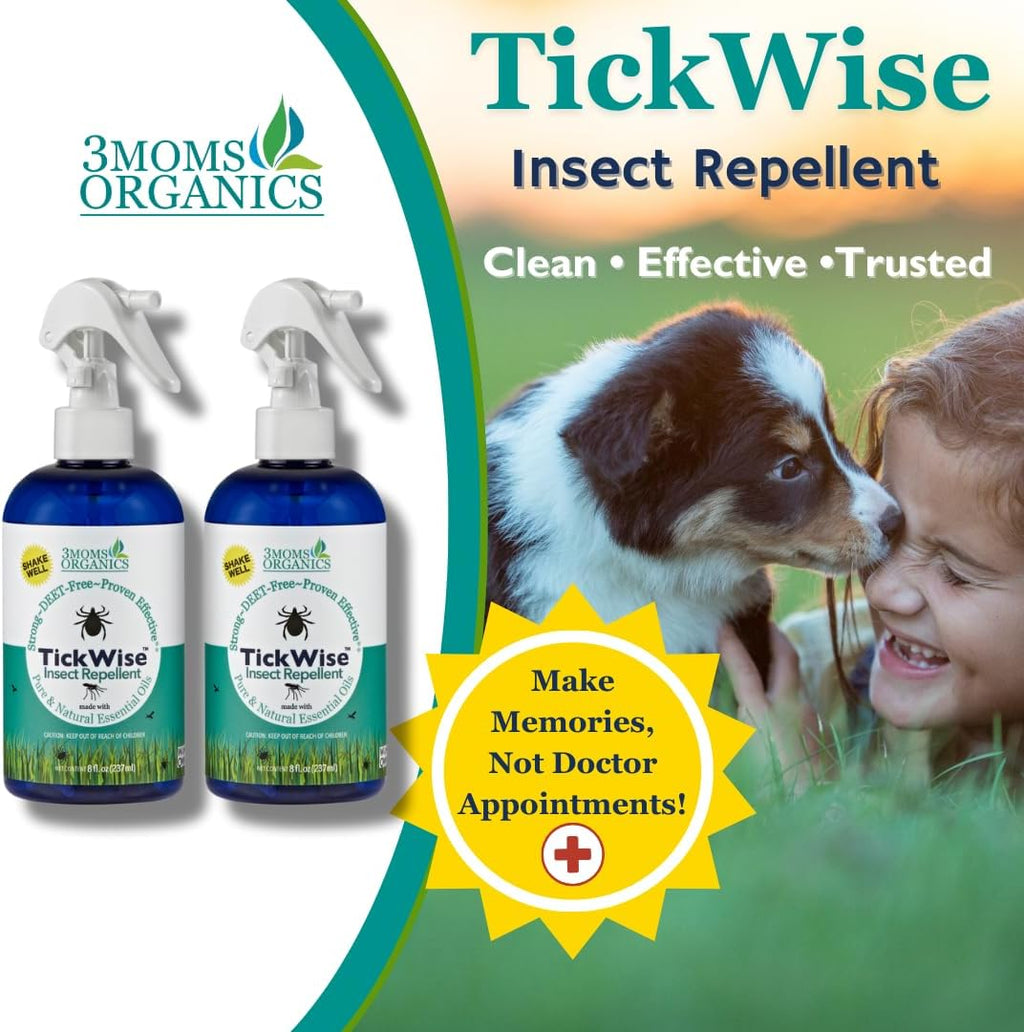 3 Moms Organics, TickWise 8oz Extra Strength Double Whammy 2-Pack - DEET- Free, Tick and Insect Repellent, Plant Based Essential Oils, All Natural Ingredients, Safe for Kids, Adults, Dogs & Horses