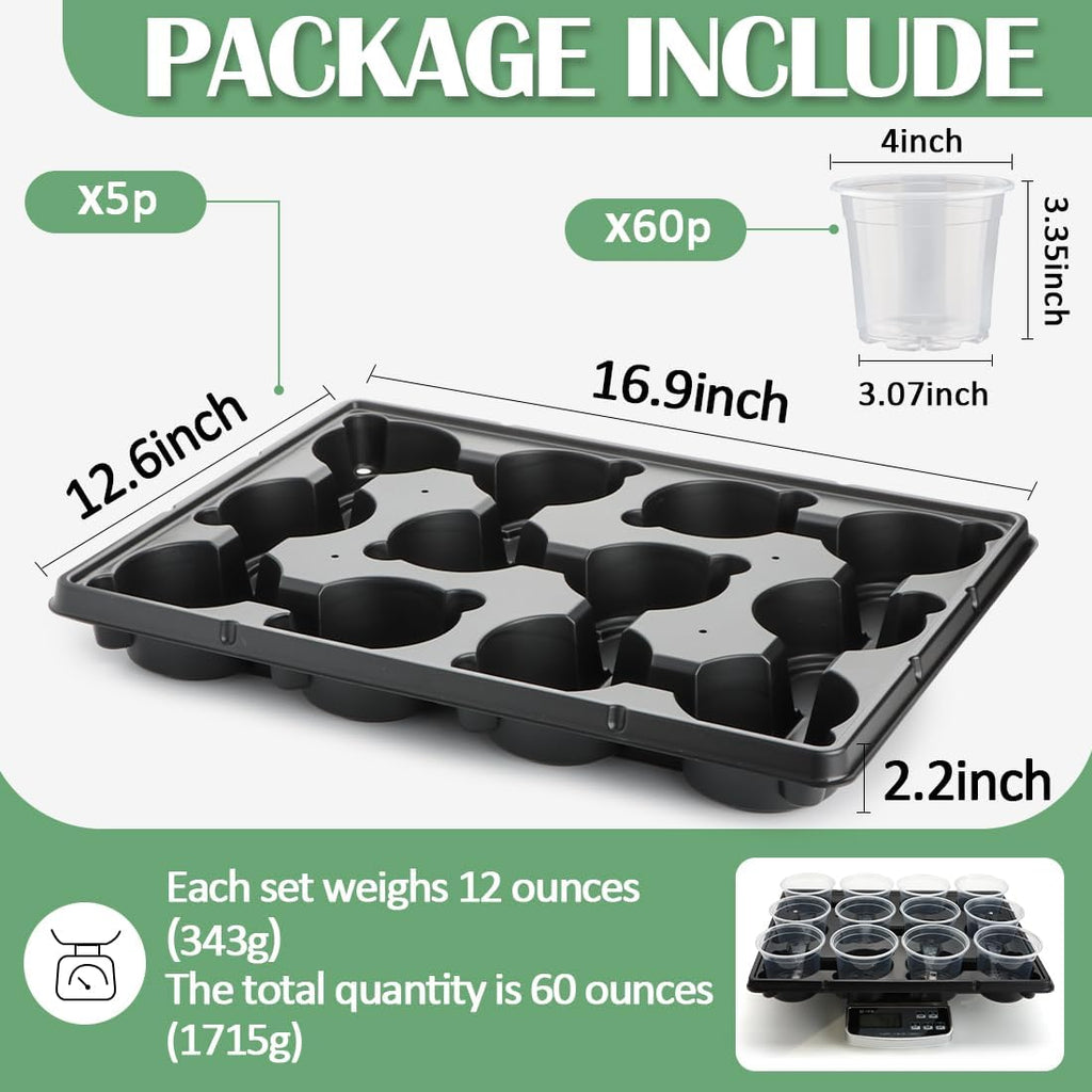 12 Cell Nursery Pot Trays 5 Pack with 4 Inch Clear Plant Pots 60 Pack, Thick Sturdy Seeds Starting Germination Shuttle Carrying Trays, Black Small Planter Nursery Propagation 5 Sets