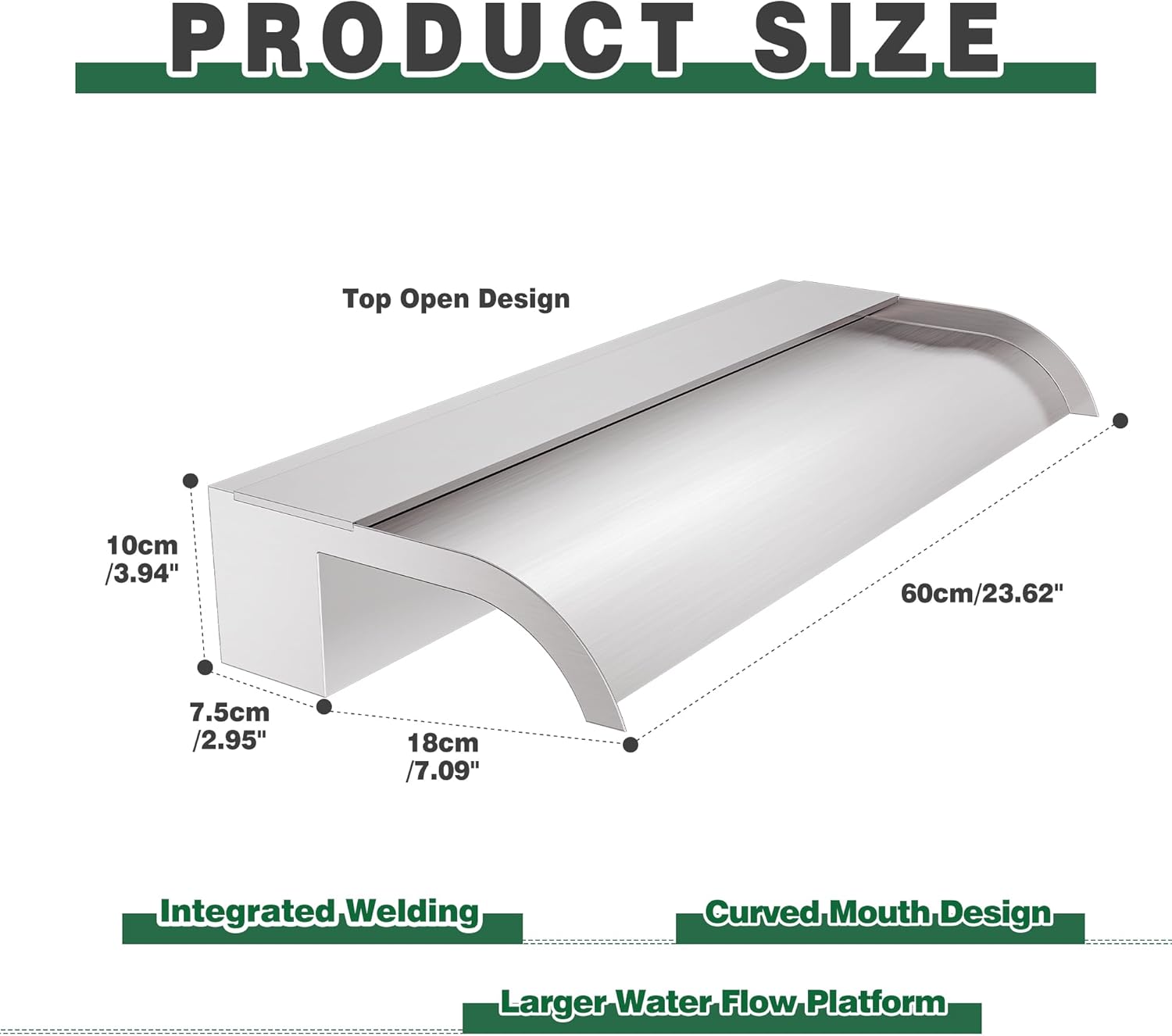 Waterfall Spillway, Stainless Steel Pool Fountain w/Top Open Lip & Pipe Connector Kits for Outdoor/Indoor Decorative, 23.6'' Pool Water Feature for Garden Patio, Backyard Koi Pond Decor