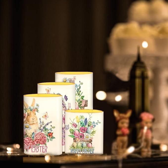 Happy Easter Flameless LED Candles Electric Candles with Remote Timer Colorful Light Control Long Lasting for Easter Day Decorations Pack of 4, Bunny Flower Butterfly Wreath, White