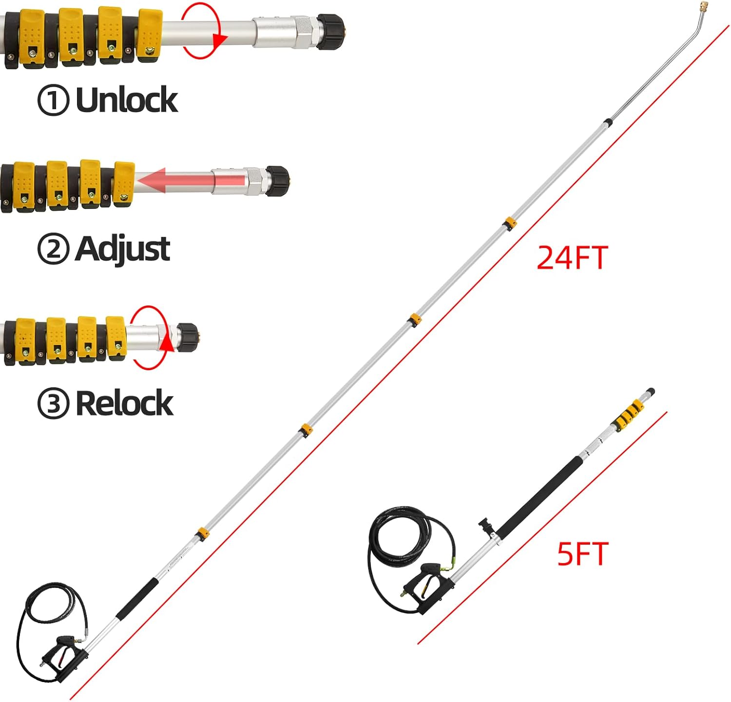 Tecoloy 24 FT Telescoping Pressure Washer Wand with Power Washer Extension Wand, Support Belt, Gutter Cleaner Attachment, 5 Spray Nozzle Tips and 2 Hose Inlet Adapters