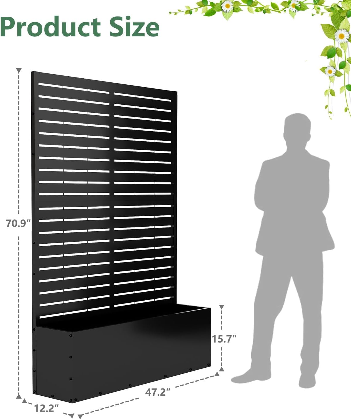 Metal Planter Box with Trellis,70.9"x47.2"x15.7" Raised Garden Bed with Drainage Holes, Privacy Planters for Outdoor Garden Bed for Climbing Plants,Vegetables,and Vines, Black-louvered