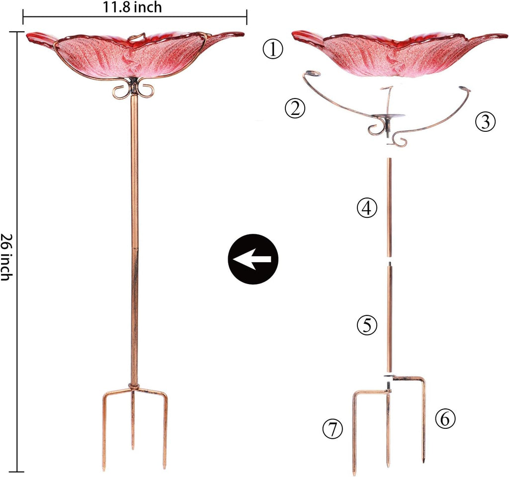 Outdoor Bird Bath Glass Birdbath Garden Birdfeeder with Metal Stake Red