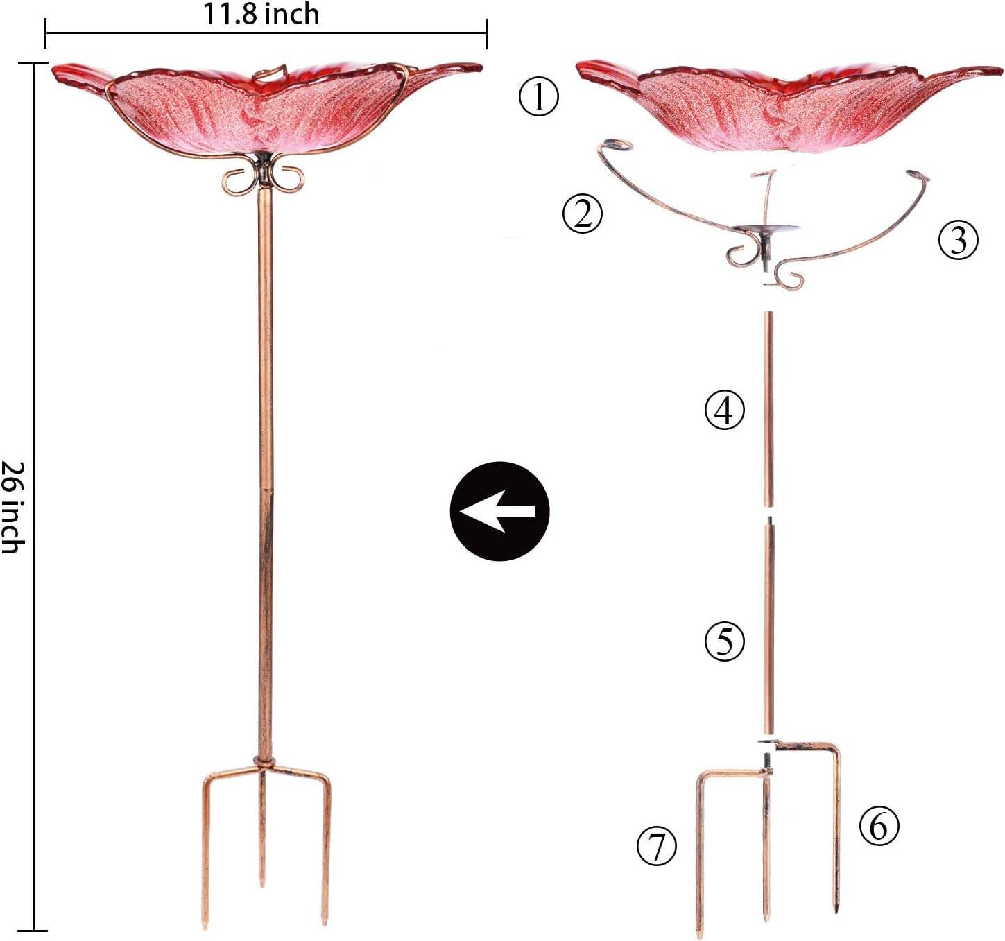 Outdoor Bird Bath Glass Birdbath Garden Birdfeeder with Metal Stake Red