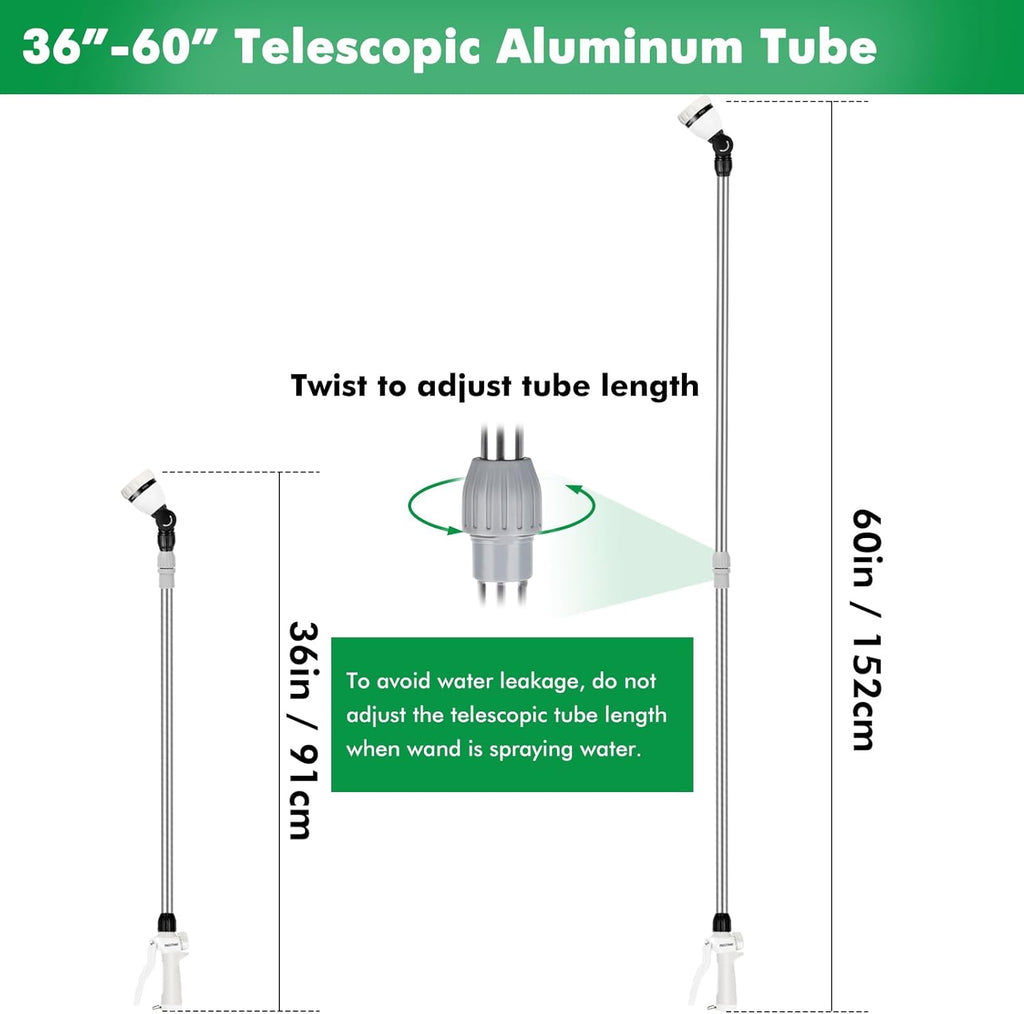 RESTMO 36”-60” Metal Watering Wand, Long Telescopic Tube | 180° Adjustable Ratcheting Head | 7 Spray Patterns | Flow Control, Garden Hose Sprayer to Water Hanging Baskets, Shrubs, White