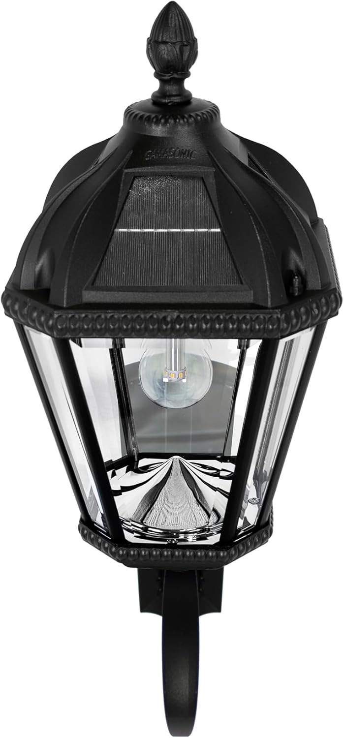 Gama Sonic Solar Outdoor Wall Light, Royal Bulb Exterior Sconce Lamp, Black Cast Aluminum, Clear Beveled Glass, Warm White LED with Omni-Direction Reflector, Large 21-Inch Height, 98B010 (Upgraded)